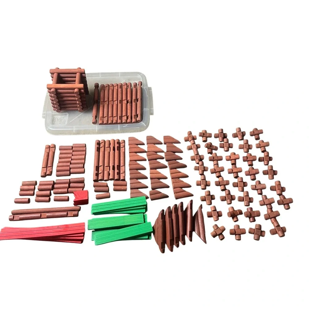 Vintage Wooden Building Log Set Interlocking Cabin Construction Toy 100+ Pieces